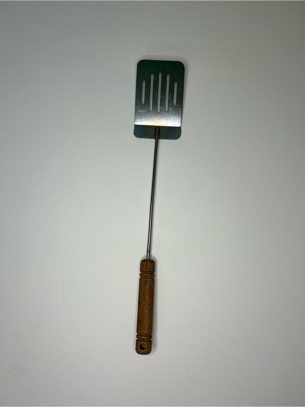 Vintage 80s Long Wood Handle Stainless Steel Slotted BBQ Spatula